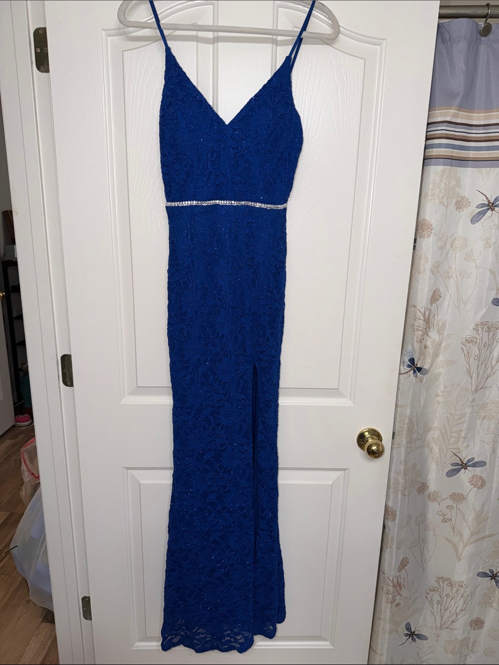 Jodi Kristopher Cobalt Blue Lace Prom Gown with Rhinestone Waist